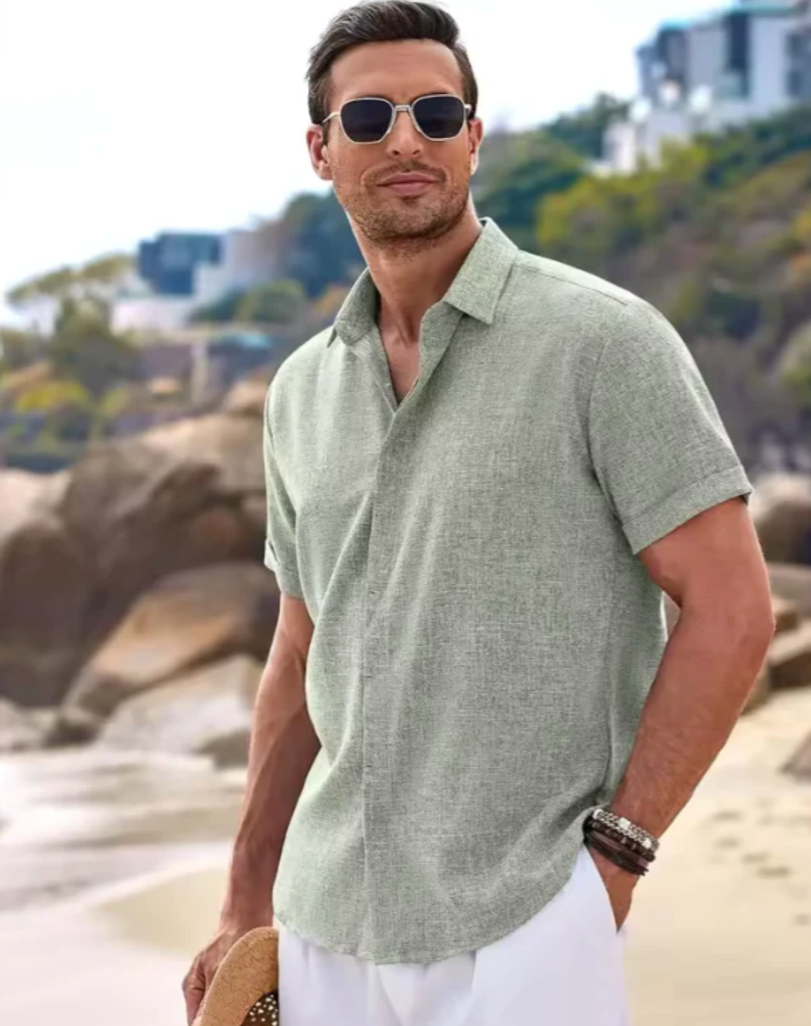 Camisa Masculina Manga Curta Linho Santorini [BRINDE EXCLUSIVO]
