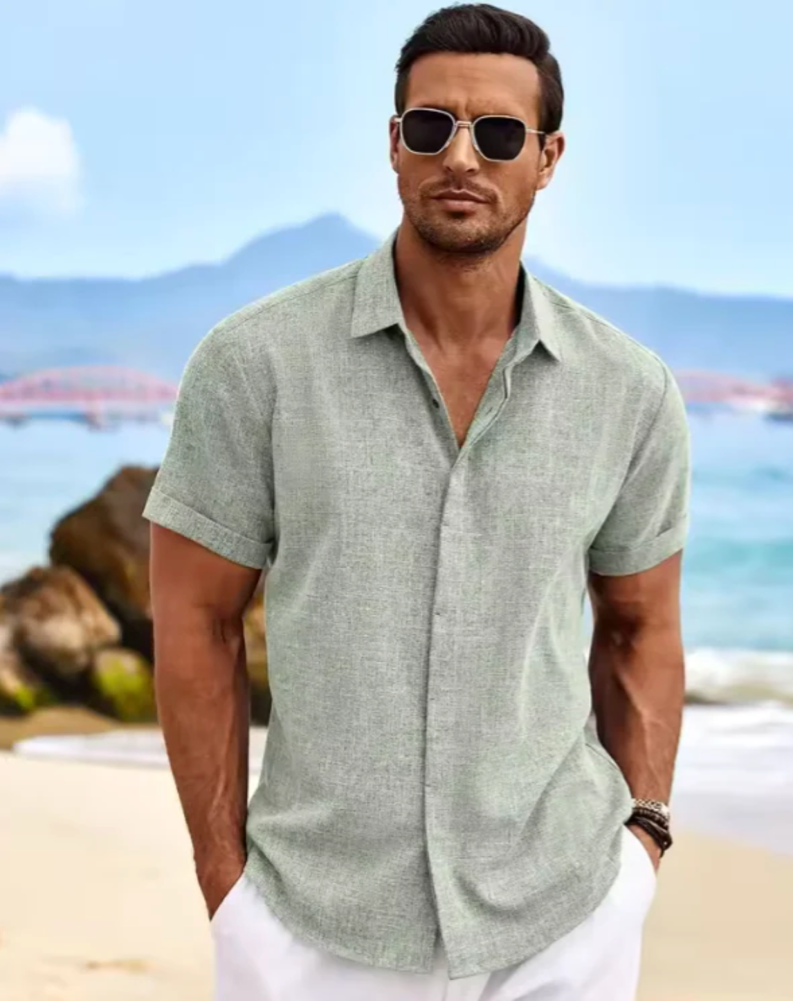 Camisa Masculina Manga Curta Linho Santorini [BRINDE EXCLUSIVO]